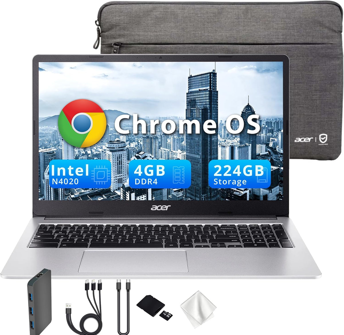 Acer Chromebook 315 15.6" FHD Laptop, 4GB LPDDR4 RAM, 224GB Storage(64GB eMMC & 160GB Docking Station Set), Intel Celeron N4500, Intel UHD Graphics, Numeric Keypad, HD Webcam, Silver, Chrome OS