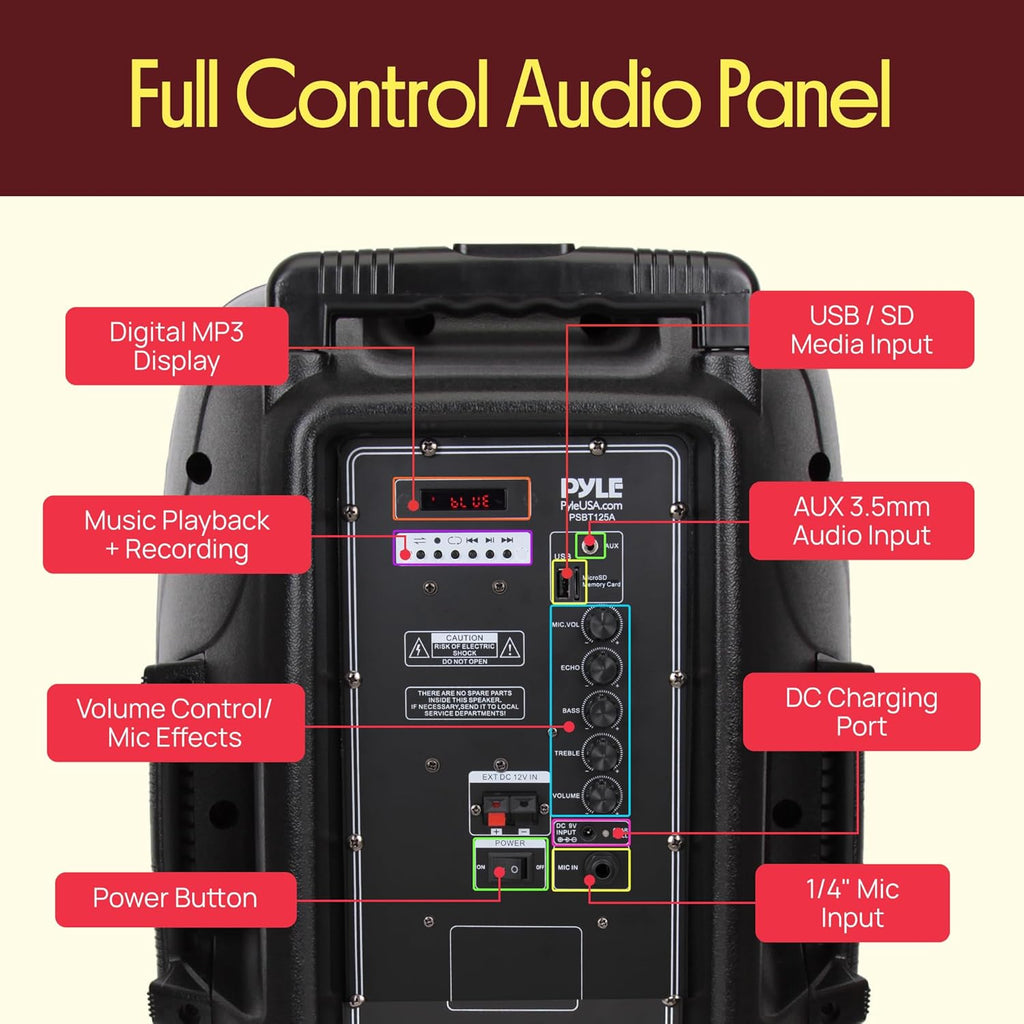 1200W Portable Bluetooth PA Speaker - 12'' Subwoofer, LED Battery Indicator Lights w/Built-in Rechargeable Battery, MP3/USB/SD Card Reader, and UHF Wireless Microphone - Pyle PSBT125A