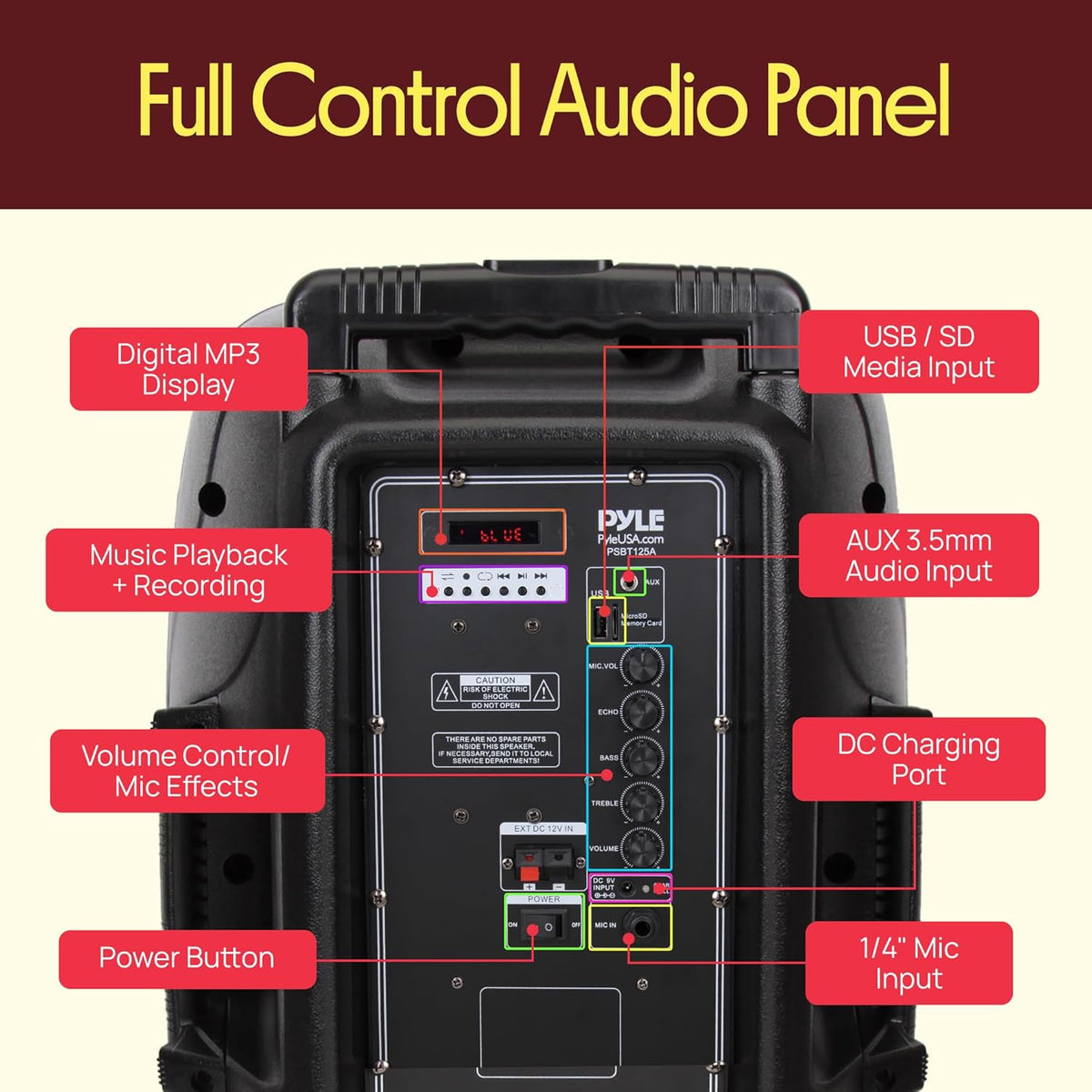1200W Portable Bluetooth PA Speaker - 12'' Subwoofer, LED Battery Indicator Lights w/Built-in Rechargeable Battery, MP3/USB/SD Card Reader, and UHF Wireless Microphone - Pyle PSBT125A