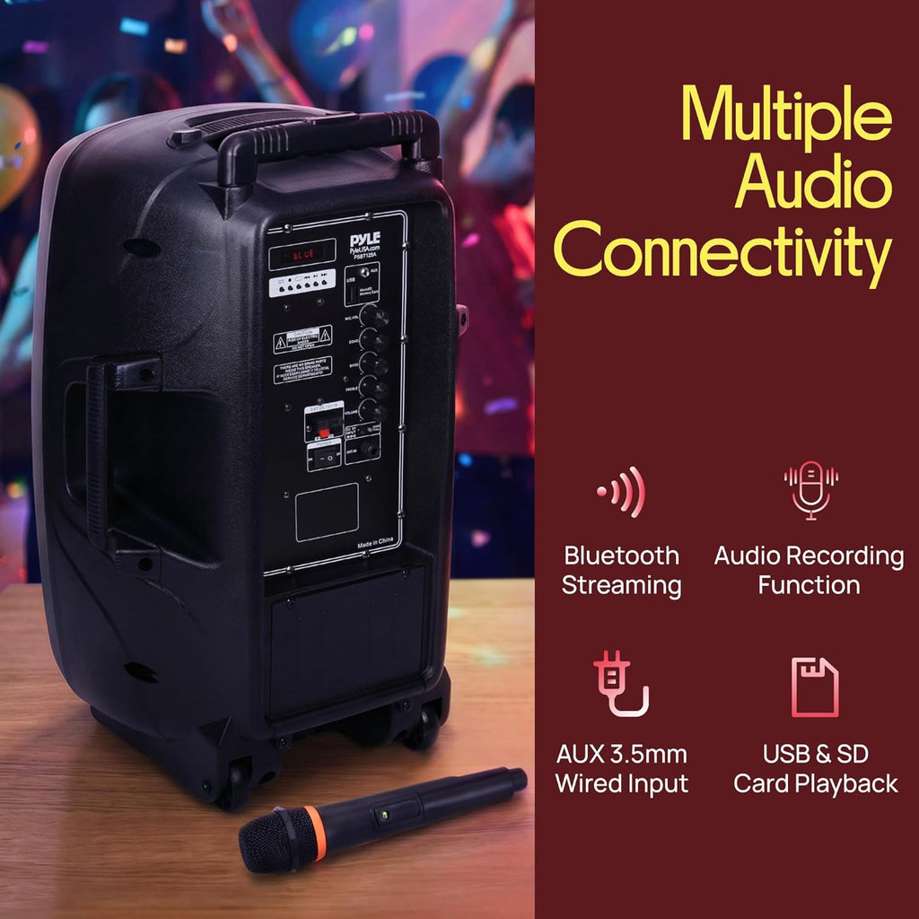 Pyle 1200W Portable Bluetooth PA Speaker - 12'' Subwoofer, LED Battery Indicator Lights W/Built-In Rechargeable Battery, MP3/USB/SD Card Reader, and UHF Wireless Microphone - Pyle PSBT125A,Black