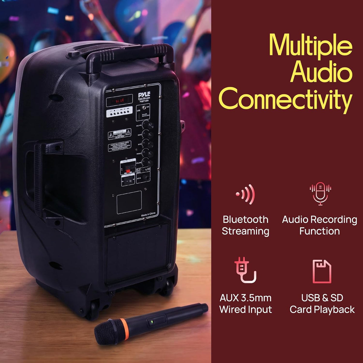 1200W Portable Bluetooth PA Speaker - 12'' Subwoofer, LED Battery Indicator Lights w/Built-in Rechargeable Battery, MP3/USB/SD Card Reader, and UHF Wireless Microphone - Pyle PSBT125A