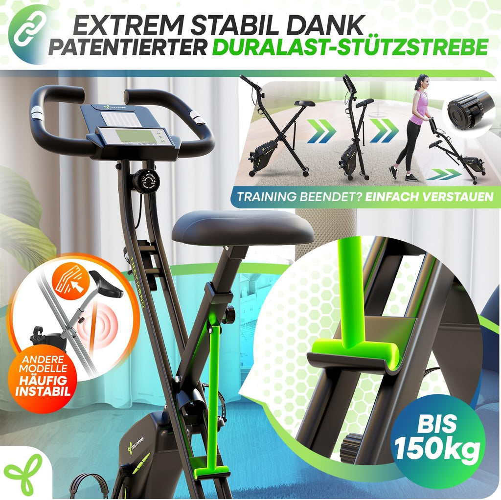 TRETMANN Heimtrainer klappbar 16 Stufen – Magnetbremse, Pulssensor, 150kg, DEKRA, Matt Stahl