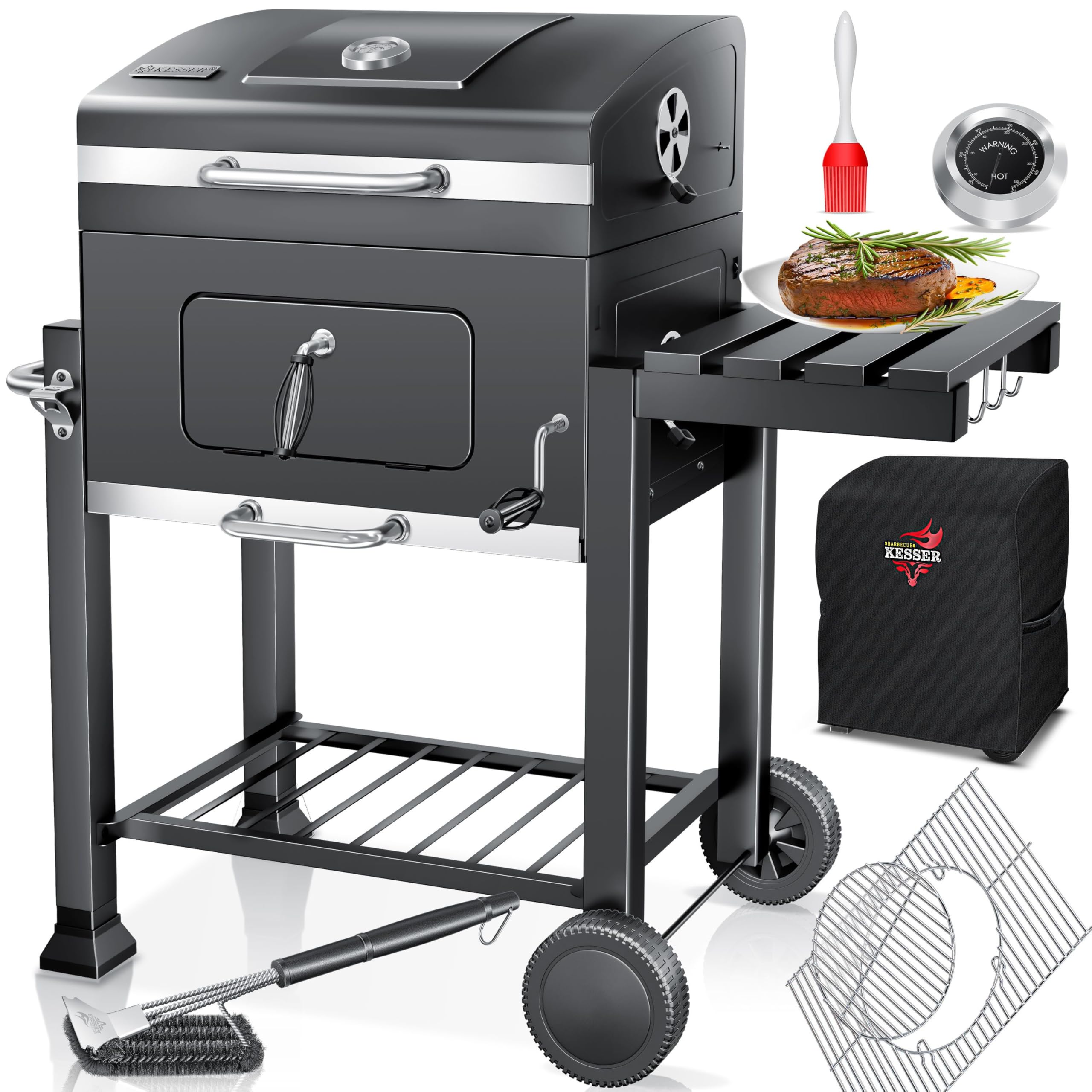 KESSER Holzkohlegrill XL Grillwagen, 2338 cm², Thermometer, Warmhalterost, Grau