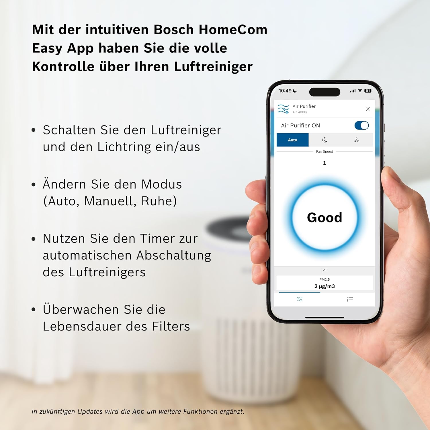 Bosch Air 4000i Luftreiniger 62,5m² – 3-in-1 HEPA+Aktivkohle, CADR 300m³/h, 25dB, App, Smart Home, Weiß