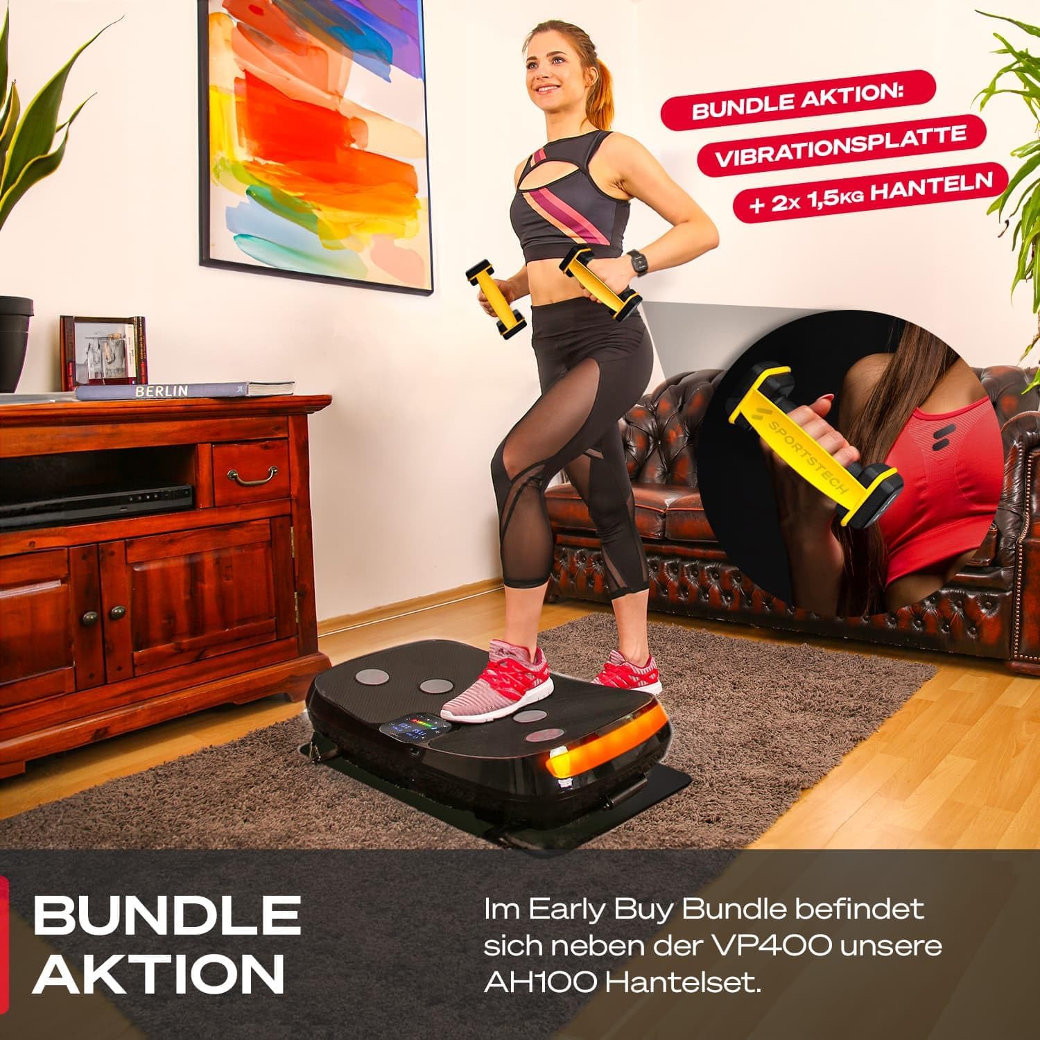 Sportstech VP400: 4D Vibrationsplatte mit Smart‑LED und Trainingsbändern ✨