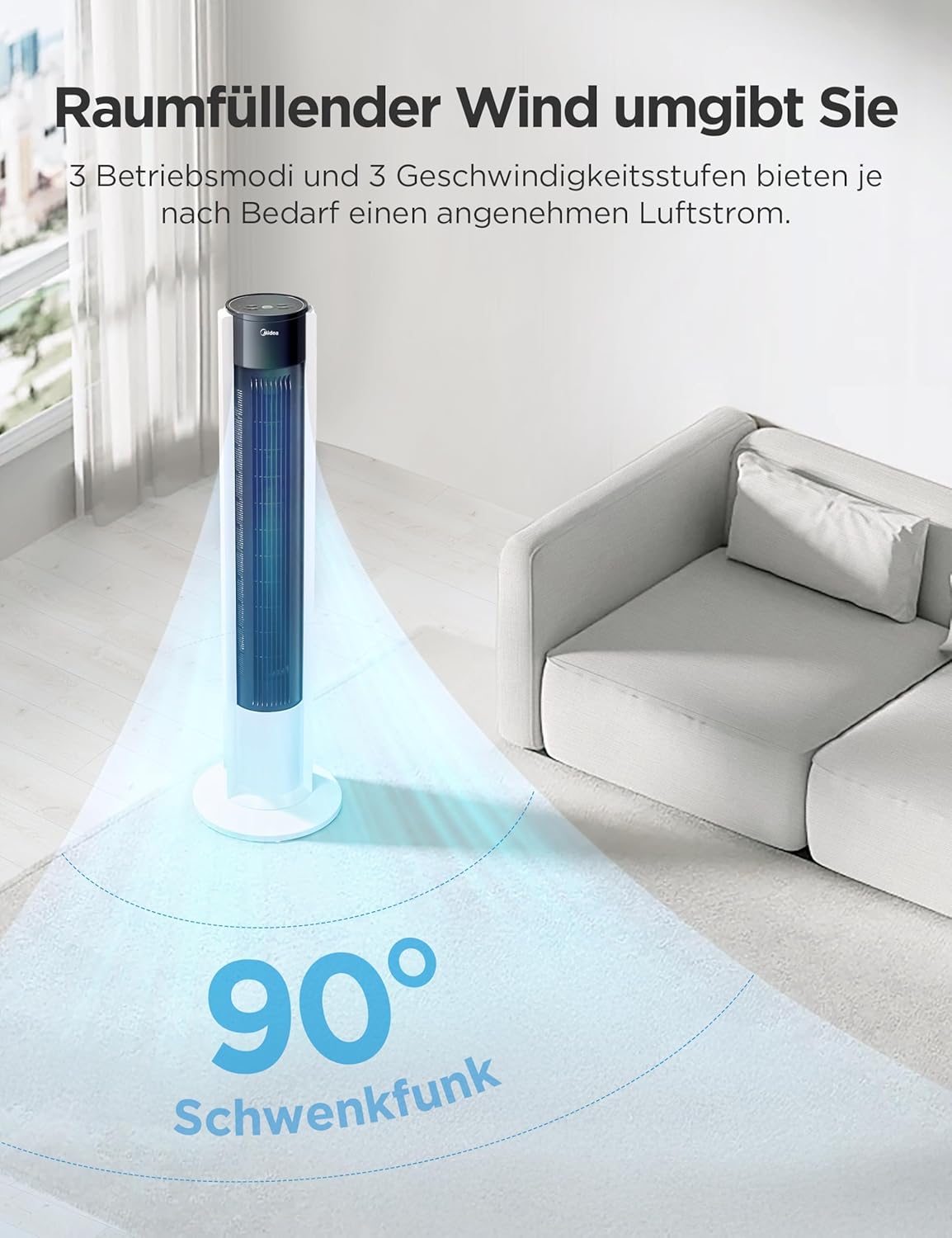 Midea FZ10-19BRA Turmventilator 110cm – 3 Modi, 90° Oszillation, 45dB, 7h Timer, Fernbedienung, Weiß