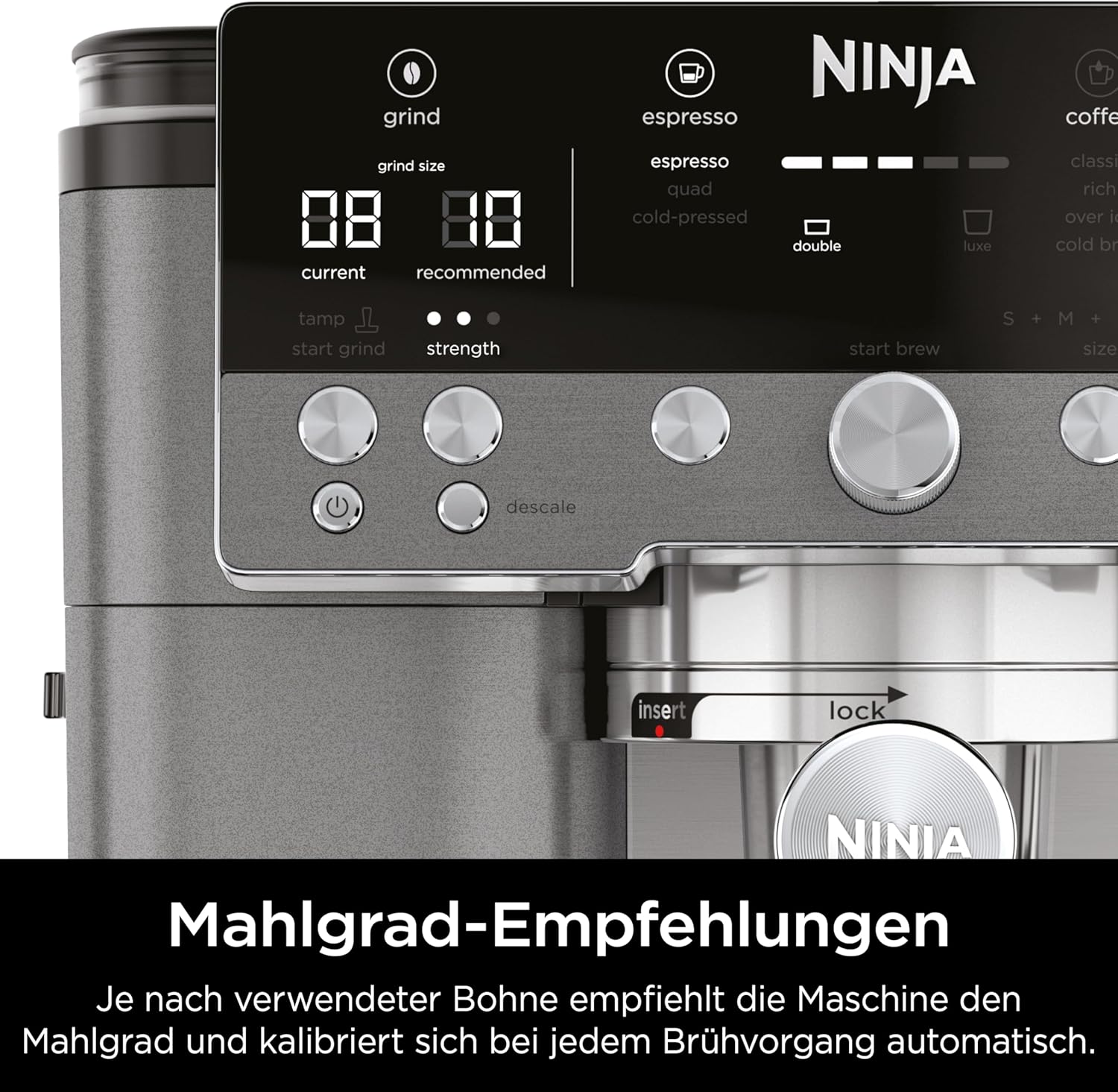 Ninja ES601EUGM Luxe Premier 3-in-1 Kaffeemaschine 2L – Barista-Assist, Mahlwerk, Mikroschaum, Grau Metall