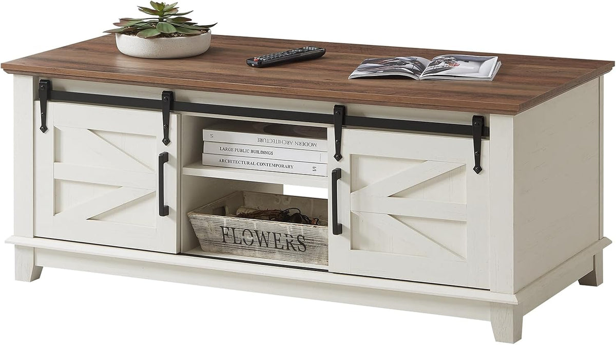AMERLIFE Farmhouse Coffee Table with Sliding Barn Doors & Storage Cabinet for Living Room, 48" Modern Center Table, Adjustable Shelves, Rustic White