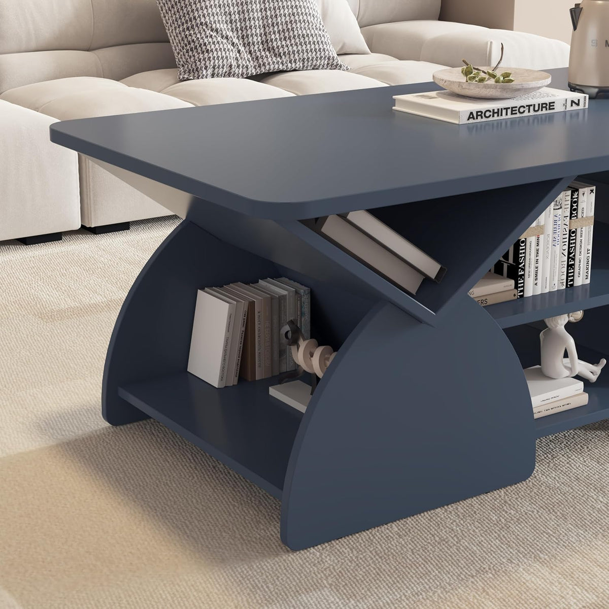 GDFStudio 47" Rectangle Coffee Table, Mid Century Modern Coffee Tables with Open Shelves & Sturdy Frame, Rounded Corners, Geometric Design, Engineered Wood Center Table for Living Room, Blue