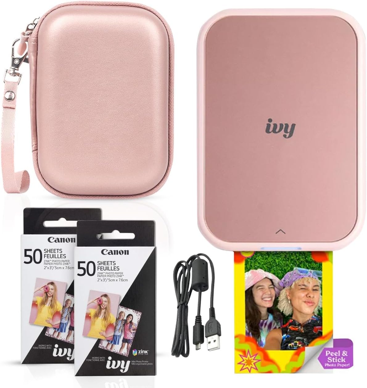 Canon Ivy 2 Mini Photo Printer (Blush Pink) - Bluetooth, Print from iOS & Android Devices, Bundle Incl. 110 Zink Sticky-Back Prints, LED Light Bar, Protective Case, and USB Cable