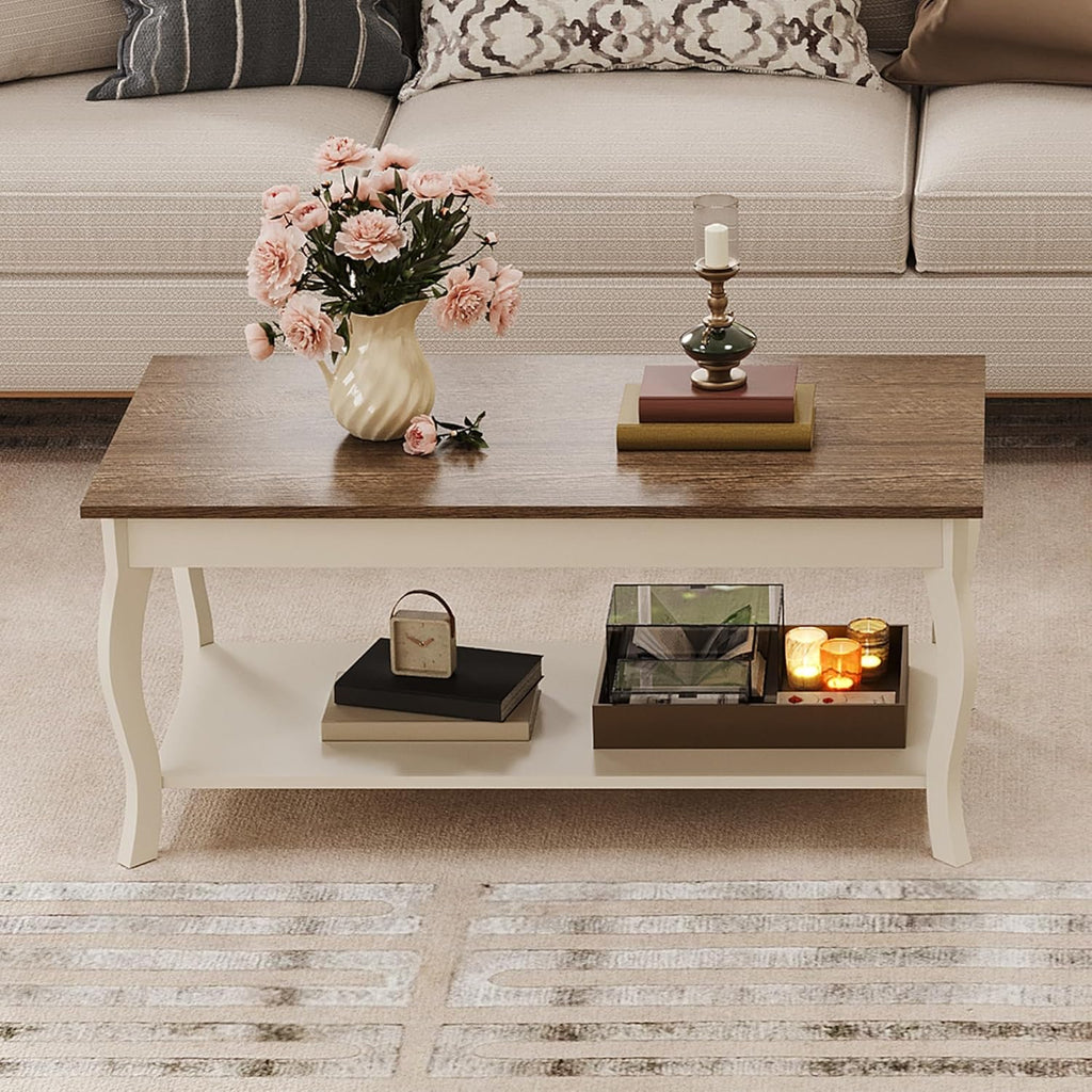 ChooChoo Coffee Table, Rustic Center Table with Curved Legs and Storage Shelf, 39" Coffee Table for Living Room, Soft White