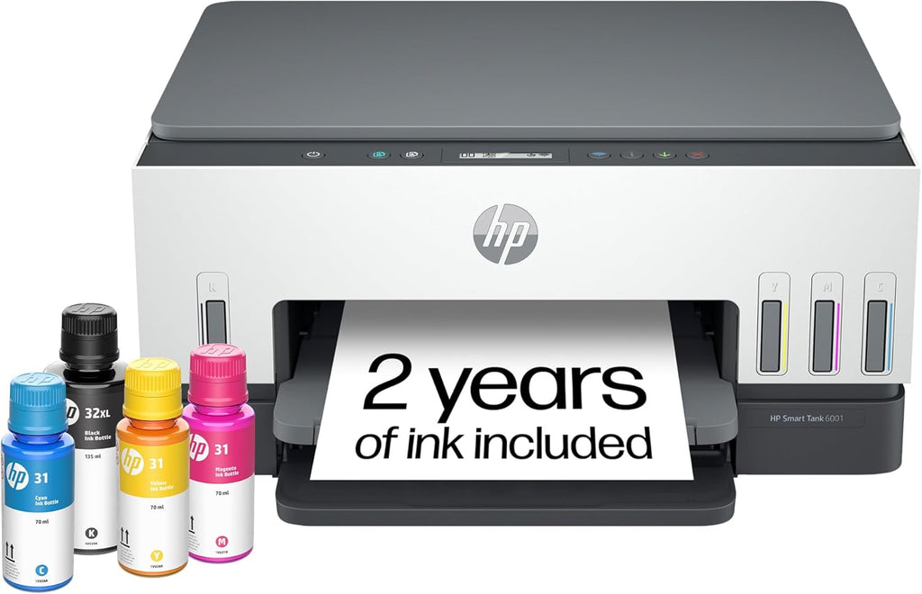 HP Smart Tank 6001 Wireless All-in-One Ink Tank Printer, Scanner, Copier with 2 Years of Ink Included, Best-for-Home, Cartridge-Free Refillable, AI-Enabled (2H0B9A)