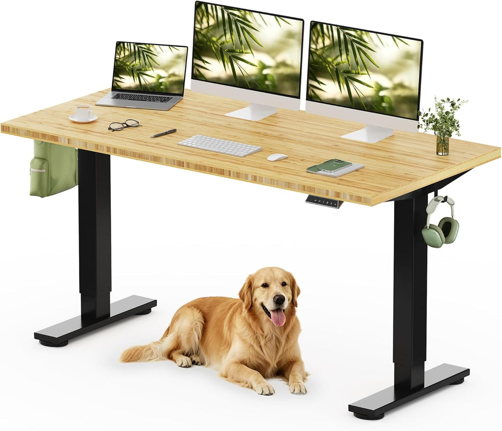 FLEXISPOT Solid Wood Standing Desk, One-Piece Real Wood Desktop, Electric Height Adjustable Desk for Home Office, 176 LBS Capacity (60"x30" Bamboo, Black Frame)