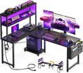 AODK L Shaped Desk Gaming Desk with LED Light & Power Outlet, 53 Inch Reversible L Shaped Computer Table with Shelf & Storage Bag & Hook for Home Office, Black