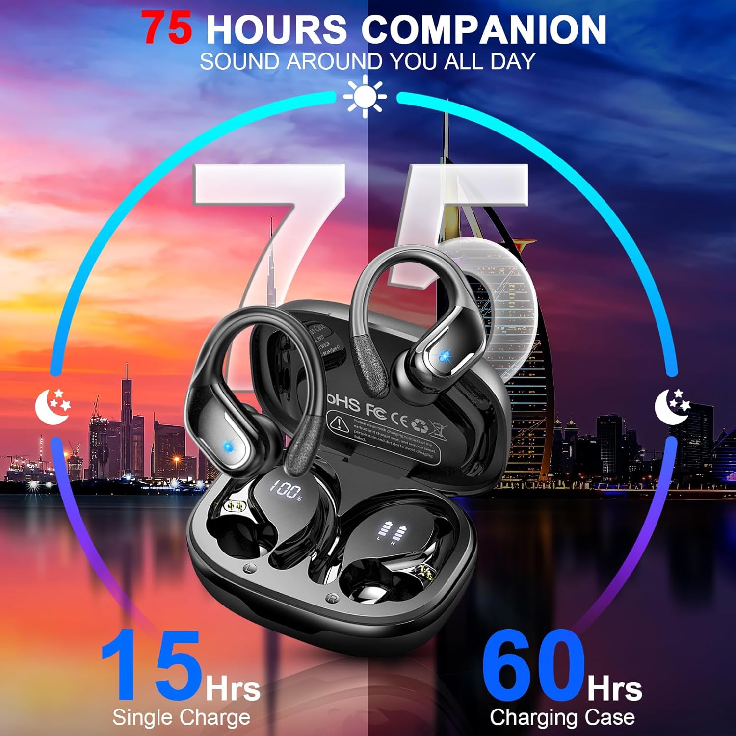 Wireless Earbud, 75Hrs Bluetooth 5.4 Headphones IP7 Waterproof for Sport, Running Wireless Earphones with ENC Noise Cancelling Mics, Deep Bass Over Ear bud with Earhooks for Android, iOS, Workout, Gym