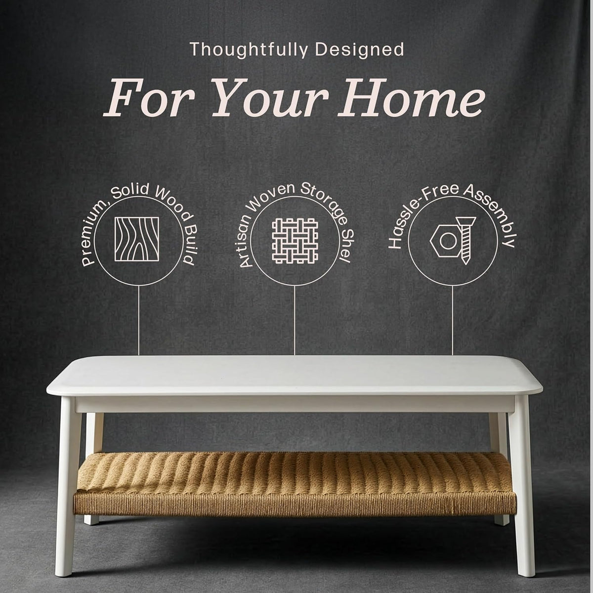 Alaterre Furniture Calais 48 Inch Rectangular Wood Coffee Table with Woven Storage Shelf – Mid Century Modern 2-Tier Living Room Table (White)