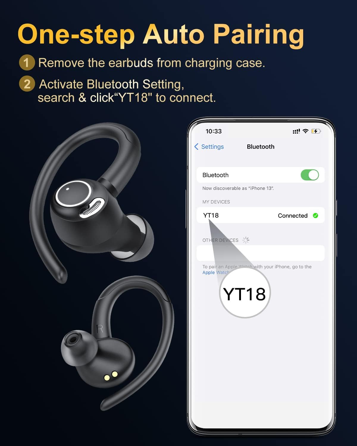 Wireless Earbuds, Bluetooth 5.4 Headphones Sport, Over Ear Buds With ENC Noise Cancelling Mic, 48H, Wireless Earphone With Earhooks, Stereo Deep Bass, IP7 Waterproof ear bud for Workout Running, Black