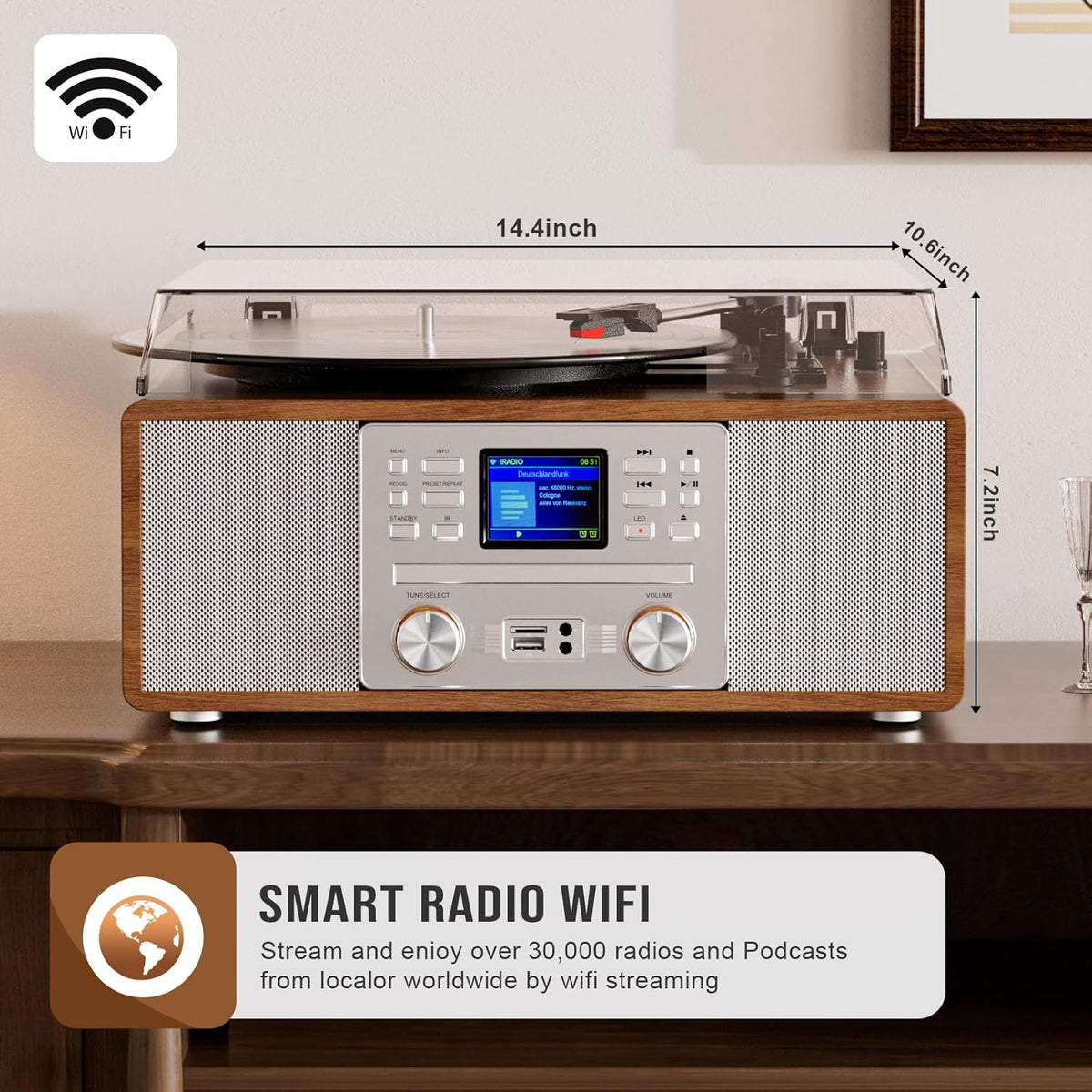 10-in-1 Retro Bluetooth Record Player with Built-in Stereo Speakers | Wireless 3-Speed Turntable for Vinyl, CD, MP3, USB/SD, Internet Radio | Headphone Jack & MP3 Recording | Vintage Multimedia Center