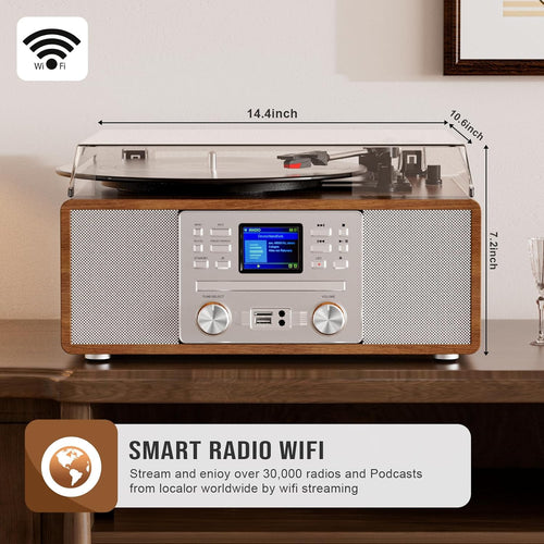 10-in-1 Retro Bluetooth Record Player with Built-in Stereo Speakers | Wireless 3-Speed Turntable for Vinyl, CD, MP3, USB/SD, Internet Radio | Headphone Jack & MP3 Recording | Vintage Multimedia Center