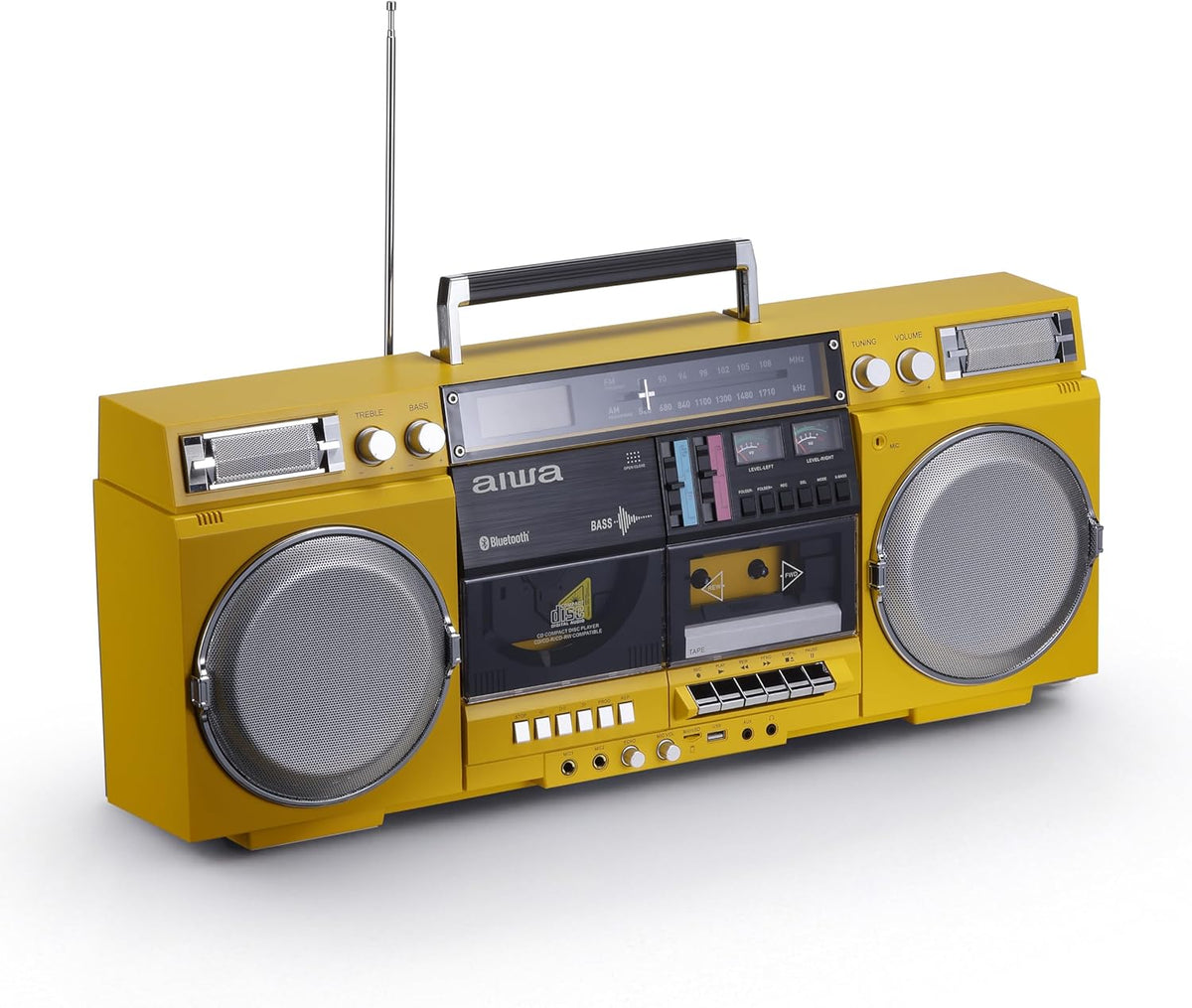 aiwa Retro Boombox CD Player with Cassette Recording, Bluetooth 5.0, FM/AM Radio, USB/SD/AUX Inputs, VU Meters, LCD Display, Dual 40W Speakers - Yellow