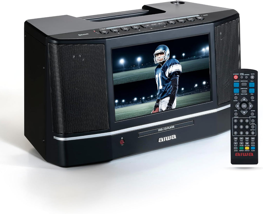 aiwa Cinema Mirror Cast Video Audio System, 10” TFT Screen, 15W Stereo, CD/DVD Player, Screen Mirroring, HDMI/USB/AV/AUX Inputs, FM Radio, Roku/Fire Stick/Google/Apple TV Compatible (Black)