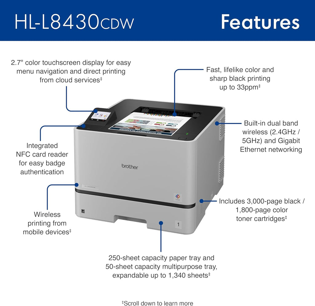 Brother HL-L8430CDW Business Color Laser Printer with Low-Cost Printing and Wireless Networking