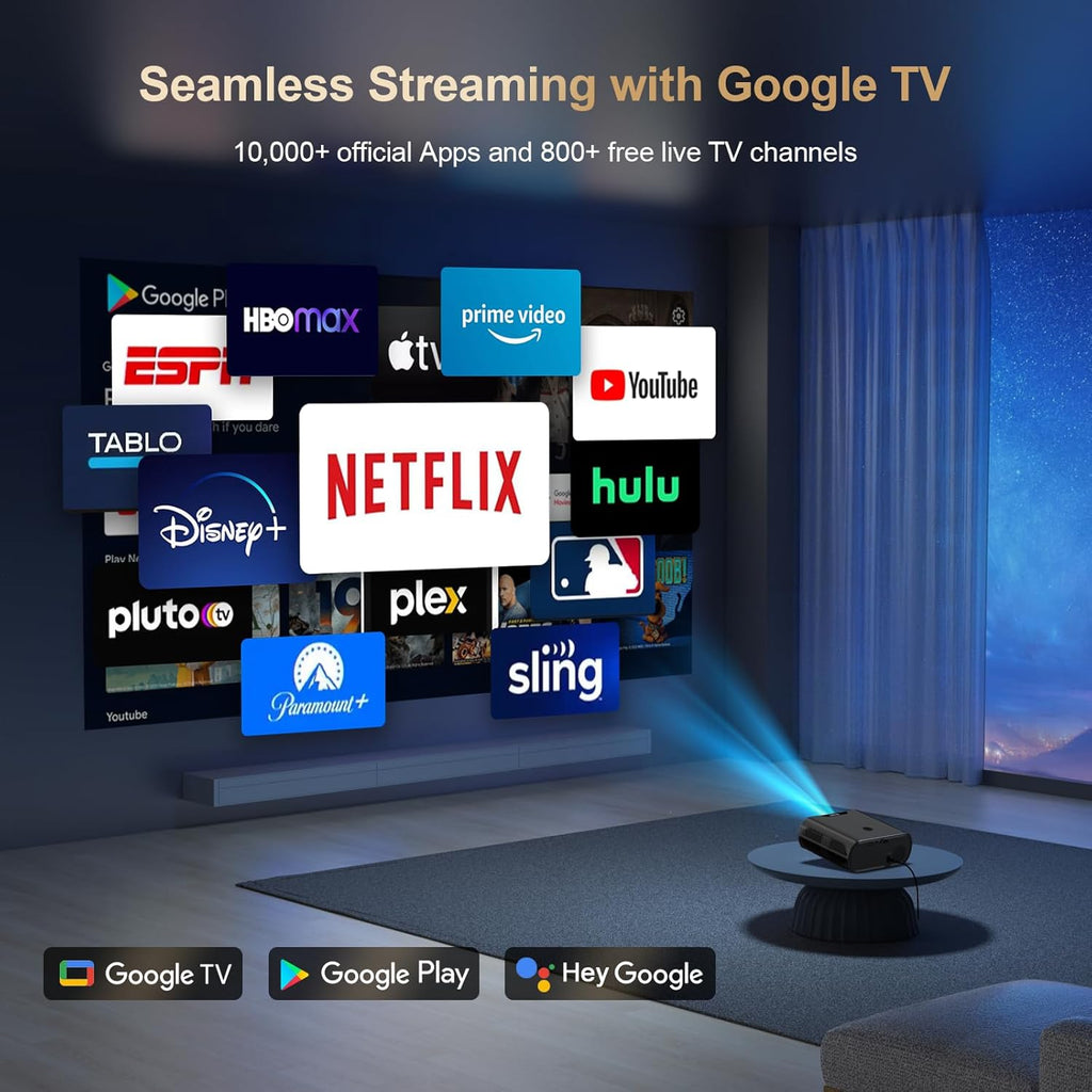 2000ANSI/GoogIe TV/Built-in Apps All-in-One Smart Projector with Wifi and Bluetooth, Goiaey C26 Mini Projector, HDMI ARC CEC GoogIe Voice, DoIby Audio, Zoom Native 1080P 4K Supported Movie Proyector