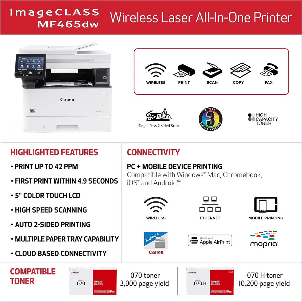 Canon imageCLASS MF465dw - Monochrome Duplex Wireless Laser Printer, All-in-One with Scanner, Copier, Fax, Home or Office, Auto Document Feeder, Mobile Ready, 3 Year Limited Warranty, 42 PPM, White