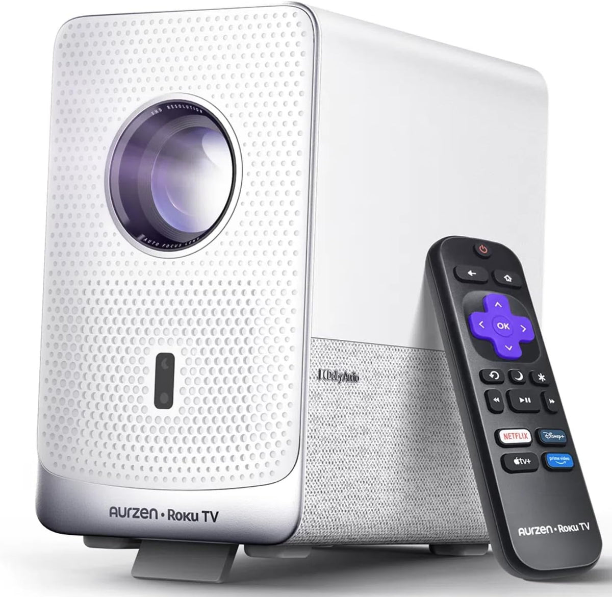 Aurzen Roku TV Smart Projector with Wifi and Bluetooth, D1R Cube Roku Streaming Experience Built-in, Sealed Optical Engine, 1080P FHD, DoIby Audio, Portable Mini Projector for Home/Outdoor Movies