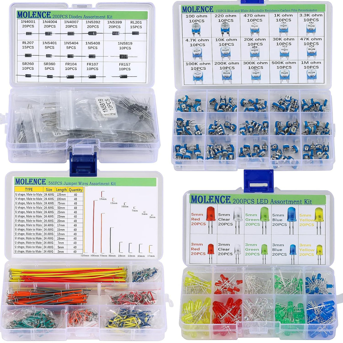 5162pcs DIY Electronics Components Kit Assortment, Resistors, Inductors, Capacitors, LED, Triode, ICS, Diodes, PCB, Potentiometer, Pin Header, Jumper Wire, Terminals, Tactswitch