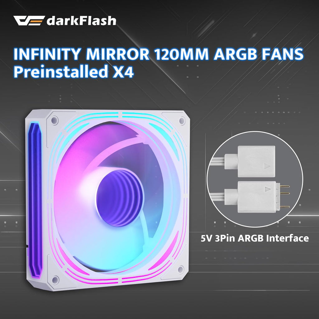darkFlash Micro-ATX Gaming PC Case, MATX PC Case with 3 x 120mm ARGB Fans, Panoramic View Dual Tempered Curve Glass Computer Case, USB 3.0 Port, Supports Dual 360mm AIO, White(DPW90M)