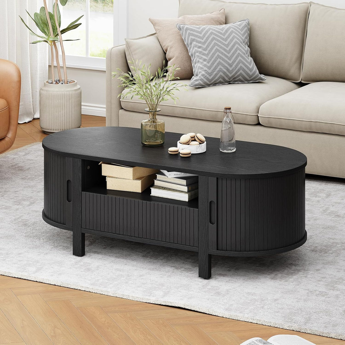 ONBRILL 47.2 Inch Oval Coffee Table with Storage, Mid Century Modern Coffee Table with Drawer, Center Table with Sliding Door and Wood Fluted Handle for Living Room, Black