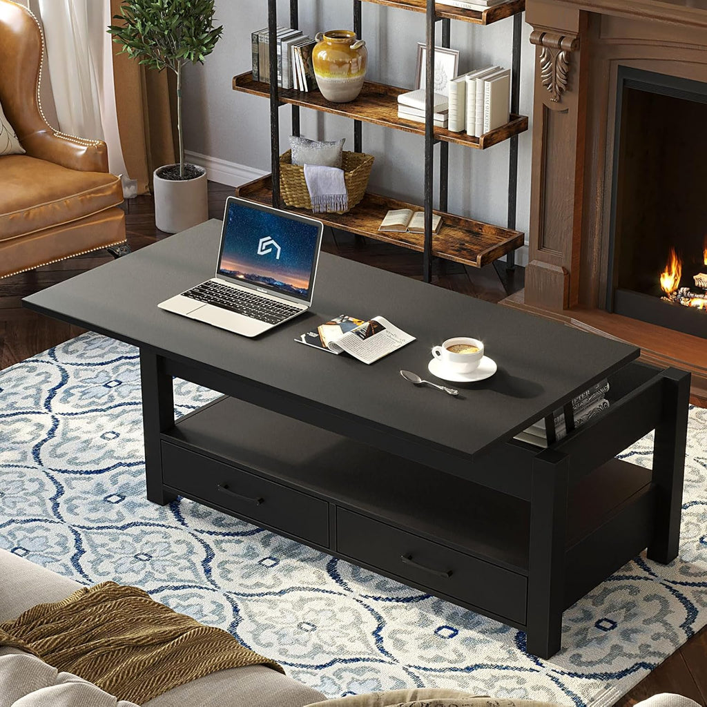 Rolanstar Coffee Table, Lift Top Coffee Table with Drawers and Hidden Compartment, Retro Central Table with Wooden Lift Tabletop, for Living Room, Black