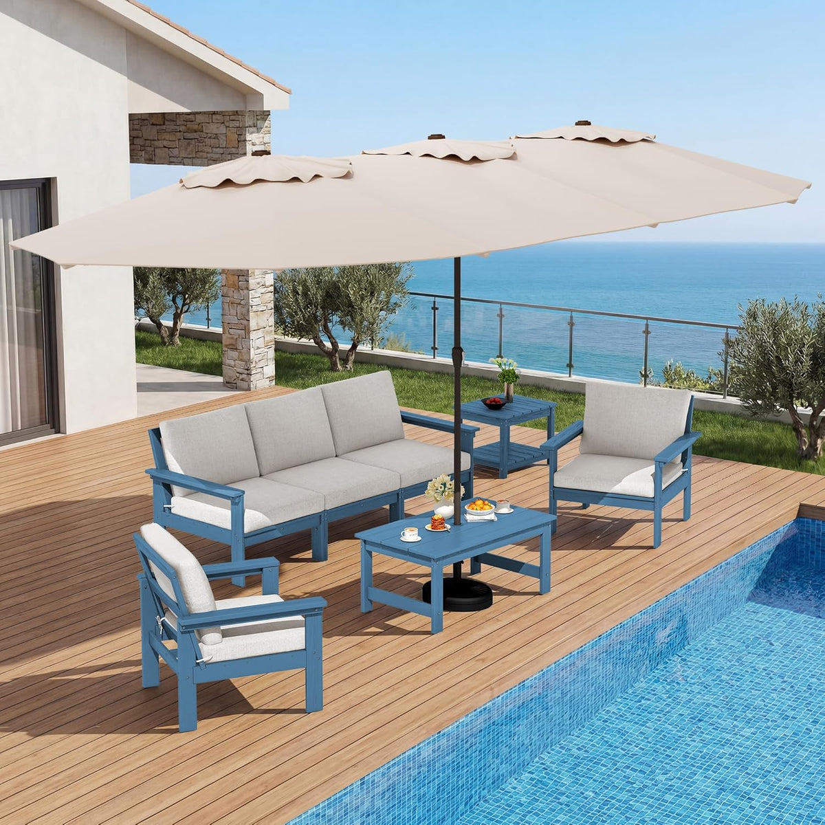 SERWALL HDPE Patio Coffee Table, Rectangle Outdoor Coffee Table, All-Weather Coffee Side Table for Balcony, Poolside, Deck, Garden, Blue
