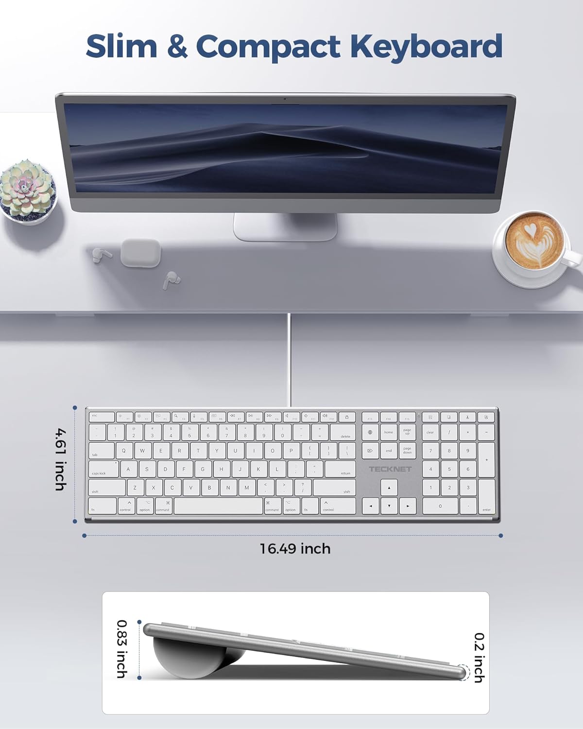 TECKNET Wired Keyboard for Mac, Ultra-Slim Silent Keyboard with USB & Type-C Dual Interface, Full Size with Numeric Keypad, Compatible with Apple MacBook Pro/Air iMac Pro/mini