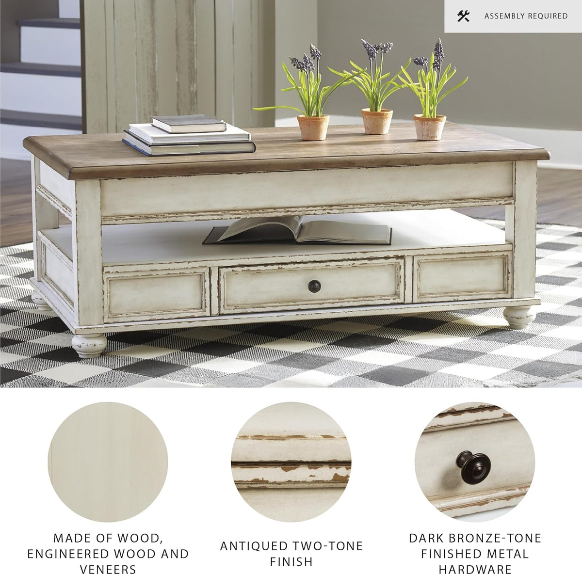 Signature Design by Ashley Realyn Vintage Farmhouse Rectangular Lift Top Coffee Table with Storage Drawer, White & Brown