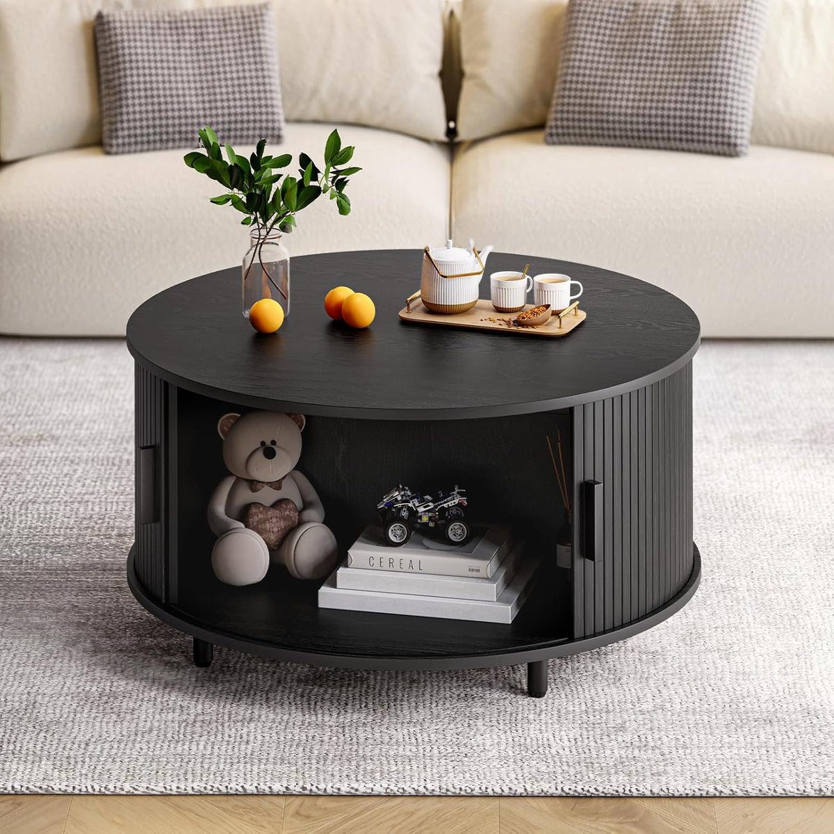 ONBRILL Round Coffee Table with Storage, 31.5" Modern Coffee Table with 360° Curved Sliding Door, Fluted Wood Accent Coffee Table with Adjustable Footpads, Round Center Table for Living Room, Black