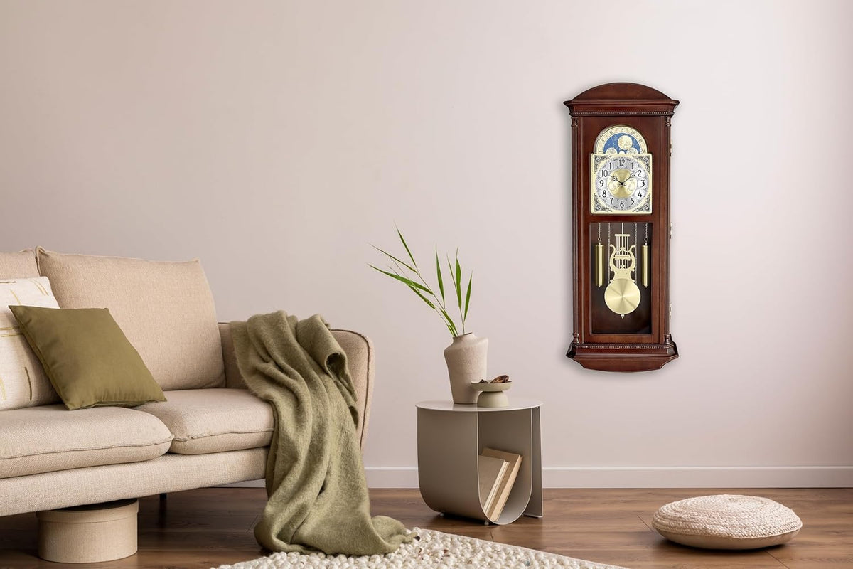 Bulova Litchfield Large Regulator Wall Clock, Model C4332 | Classic Pendulum Design | Harmonic Hourly Chime | Brown Cherry Finish