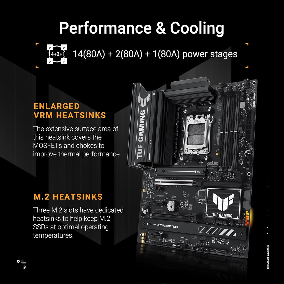 ASUS TUF Gaming B850-PLUS WiFi AMD AM5 B850 ATX Motherboard, 14+2+1 80A Stages, AI Ready, DDR5, PCIe 5.0, 3X M.2, Wi-Fi 7, 2.5Gb LAN, DisplayPort, HDMI™, USB 10Gbps & 20Gbps Type-C®, BIOS Flashback™