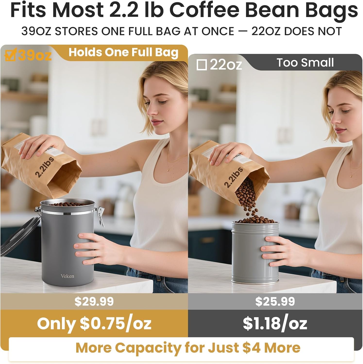 Veken Coffee Canister, 39OZ Large, Airtight Stainless Steel Food Storage Container for 2.2lbs Coffee Beans,Ground, Sugar,Espresso,Rice,Tea,Flour, Cereal,Home Kitchen Pantry Bar Accessories, Gifts,Gray