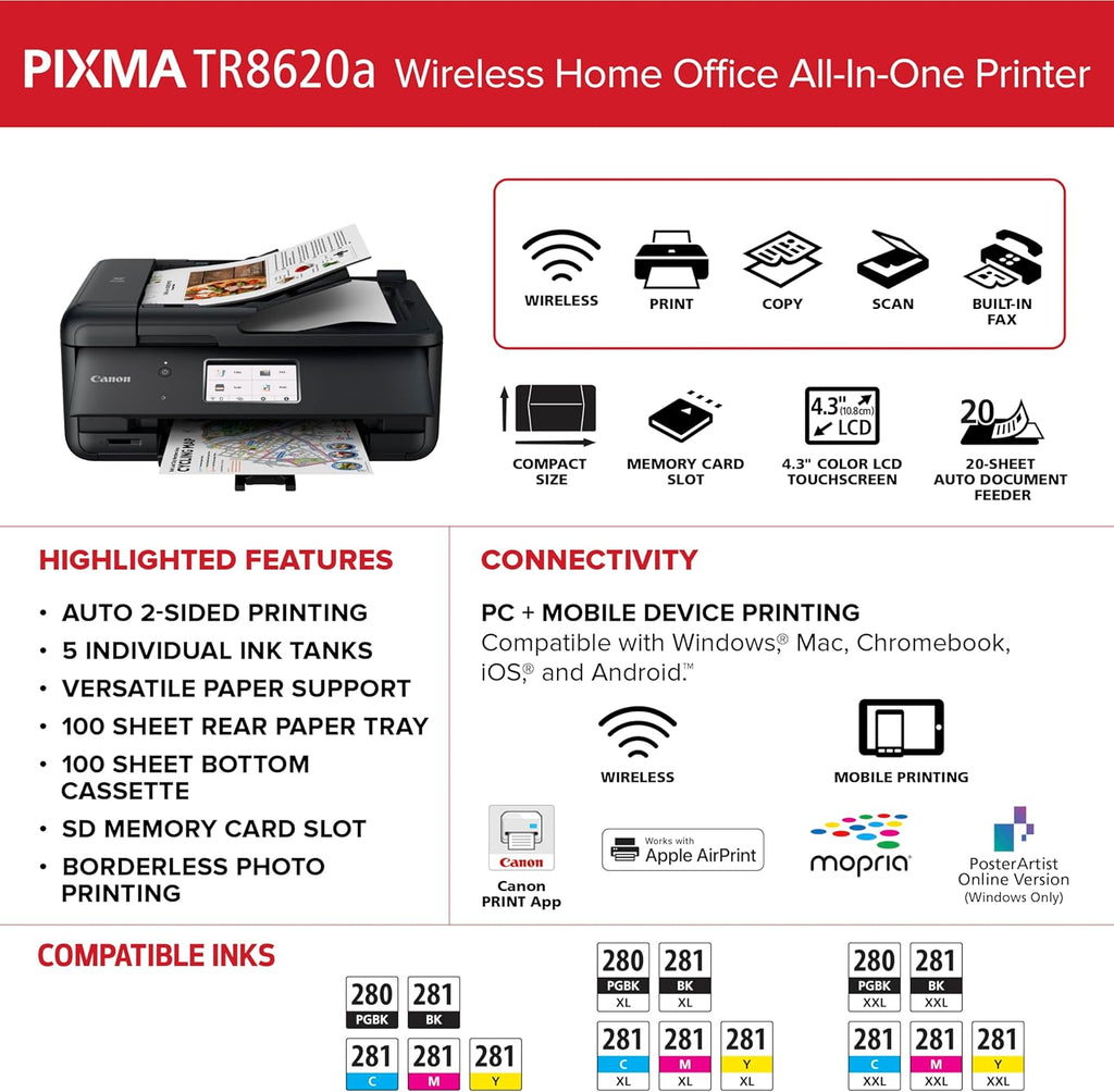 Canon PIXMA TR8620a - All-in-One Printer Home Office|Copier|Scanner|Fax|Auto Document Feeder | Photo, Document | Airprint (R), Android, Black, Works with Alexa