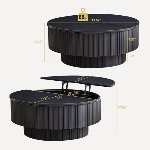 33" Round Coffee Table with Lift-Top & Flip-Top Storage, Modern Accent Fluted Coffee Tables with Metal Frame, Wooden Circle Center Table for Living Room Small Space Apartment Office (Black)