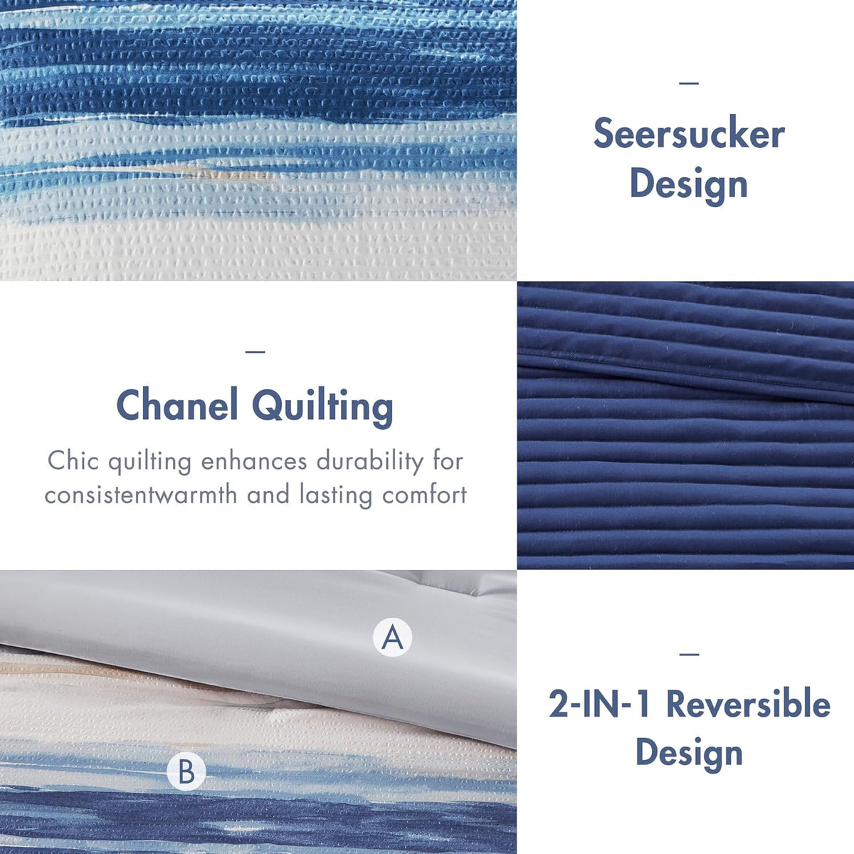 Madison Park Marina Comforter Quilt Combo Set - Modern Luxury Design, All Season Down Alternative Bedding, Matching Shams, Decorative Pillows, King/Cal King(104"x92") Seersucker Blue 8 Piece