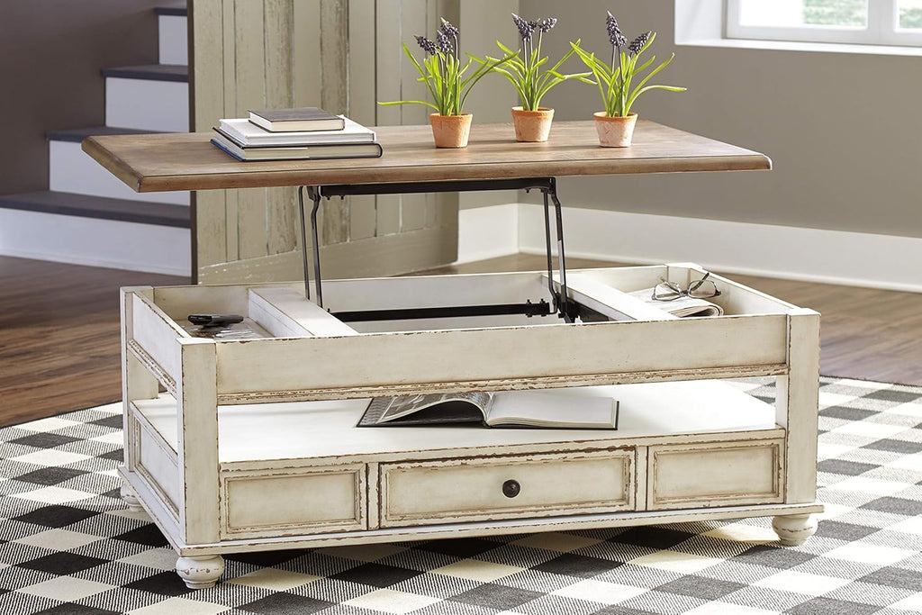 Signature Design by Ashley Realyn Vintage Farmhouse Rectangular Lift Top Coffee Table with Storage Drawer, White & Brown