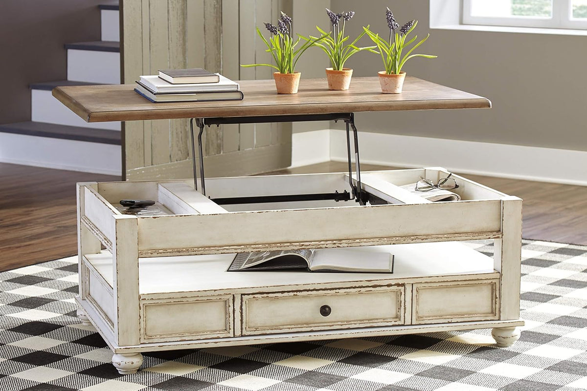 Signature Design by Ashley Realyn Vintage Farmhouse Rectangular Lift Top Coffee Table with Storage Drawer, White & Brown