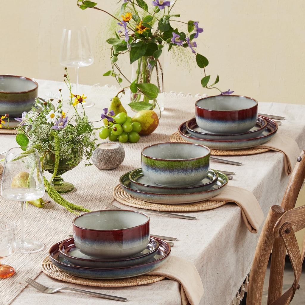 KINGSTONE Stoneware Dinnerware Sets for 4, 12-Piece Reactive Glaze Plates and Bowls Sets, Scratch-Resistant Rustic Ceramic Dish Set for Daily Party Gifts, Microwave Dishwasher Safe, Kiln-Fired Green