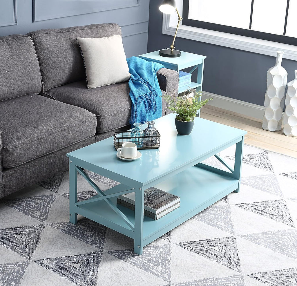 Convenience Concepts Oxford Coffee Table with Shelf, Sea Foam Blue