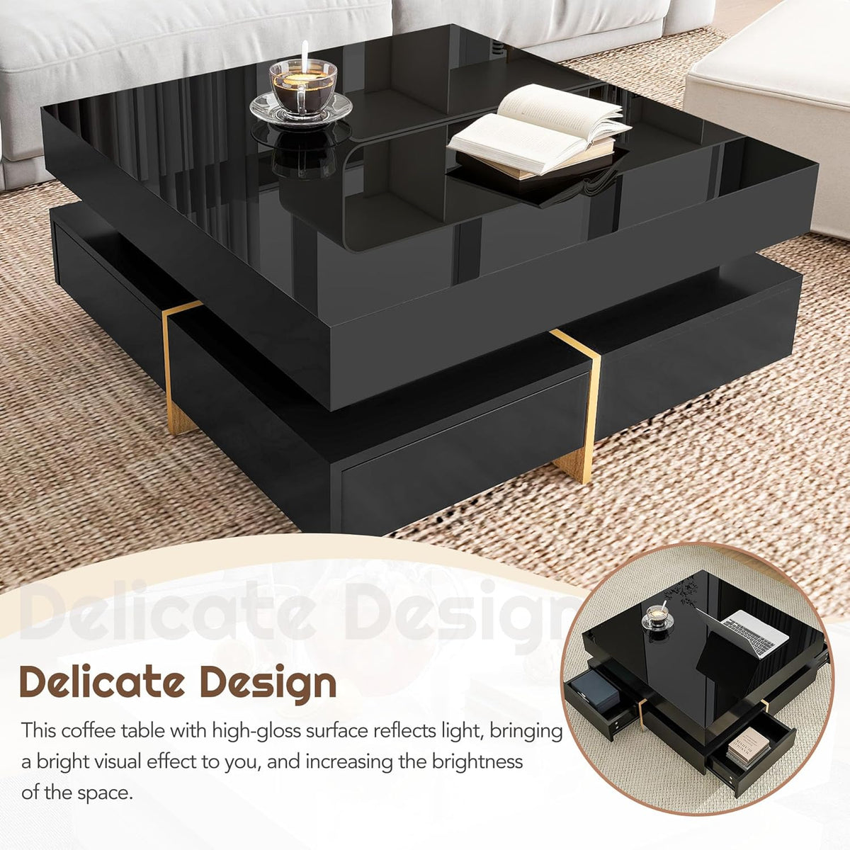 Merax Coffee Table, Modern High Gloss Coffee Table with 4 Drawers, Multi-Storage Square Center Cocktail Table with Wood Grain Legs for Living Room, 31.5"x 31.5" (Black)
