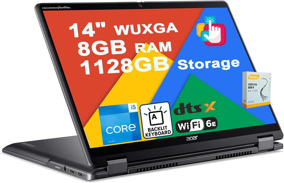 Acer Chromebook Plus Spin 514 2-in-1 Google AI Laptop | 14" WUXGA IPS Touch 100% sRGB | Intel 10-core i5-1334U | 8GB DDR5 1128GB Storage (1TB SSD + 128GB SD Card) | Backlit Type-c w/DLCA Accessory