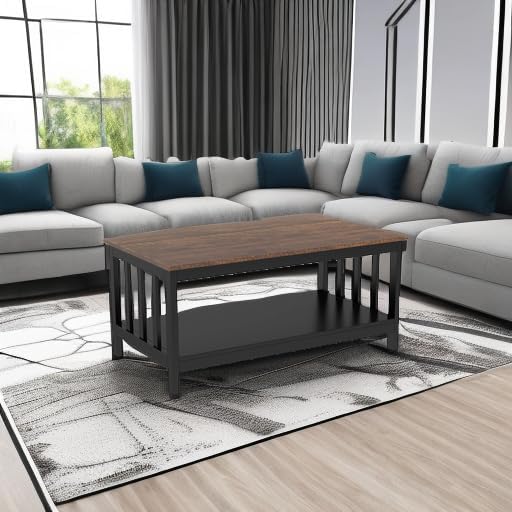 ChooChoo Farmhouse Coffee Table, Black Living Room Table with Shelf, 40 Inch